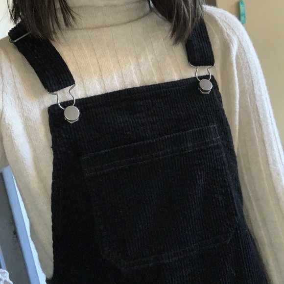 Black XS Corduroy Overall Mini Dress with Pockets - Picture 2 of 3